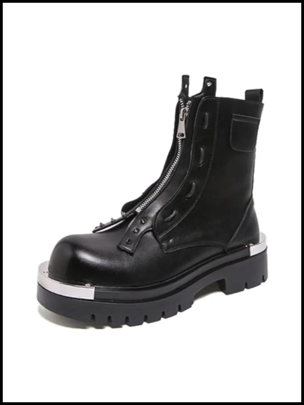 Leather Chunky Heel Motorcycle Boots Front Zipper Round Toe Non-Slip Lug Sole